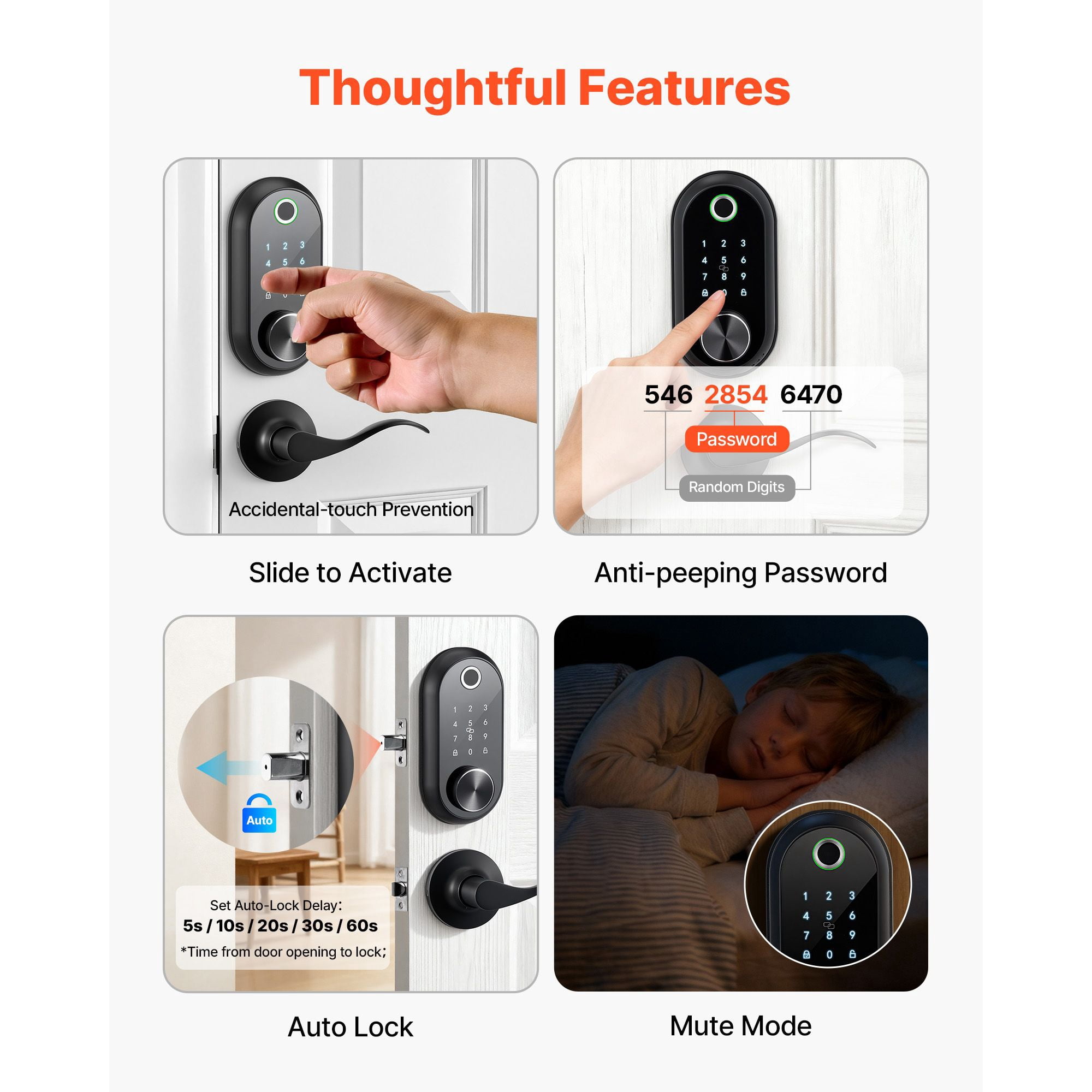 Fingerprint Door Lock Set with Handles Touchscreen 50 Fingerprints 100 User Codes IC Cards for Home Matte Black