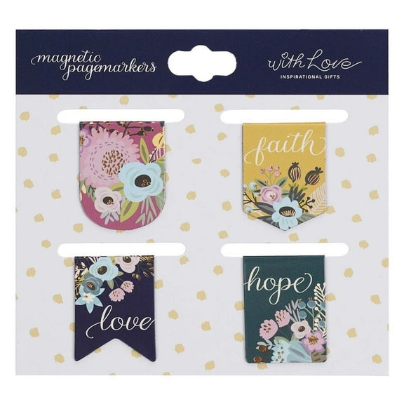 Faith, Hope, Love Vintage Floral Mini Magnetic Bookmarks with Inspirational Designs, Set of 4 Extra Small Pagemarkers, Staple/Paperclip Replacement