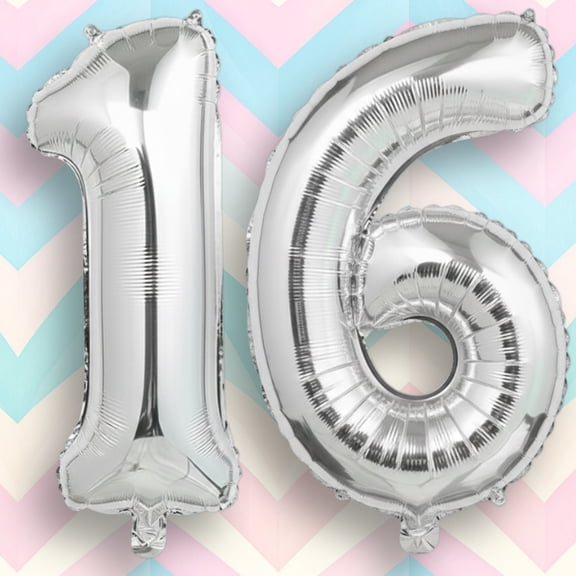 Silver Number 16 Mylar Foil Balloon 40 inch - Helium or Air Filled Metallic Balloons for Sweet 16th Birthday Hbd Party, Anniversary, Graduation Decor