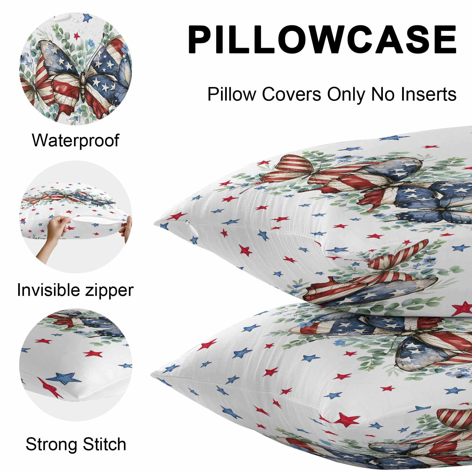 Waterproof Throw Pillow Covers 16x16 Set of 2, Patriotic Butterfly American Flag Theme Outdoor Pillowcases Invisible Zipper, Red White Blue Stars Decorative Cushion Covers for Patio Garden Sofa Couch