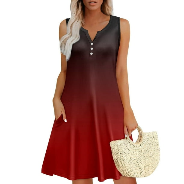 Vestido Corto para las Mujeres de Verano, la Impresión de la Moda de Bolsillo Botón sin Mangas Cuello en V para Casual Y Diario