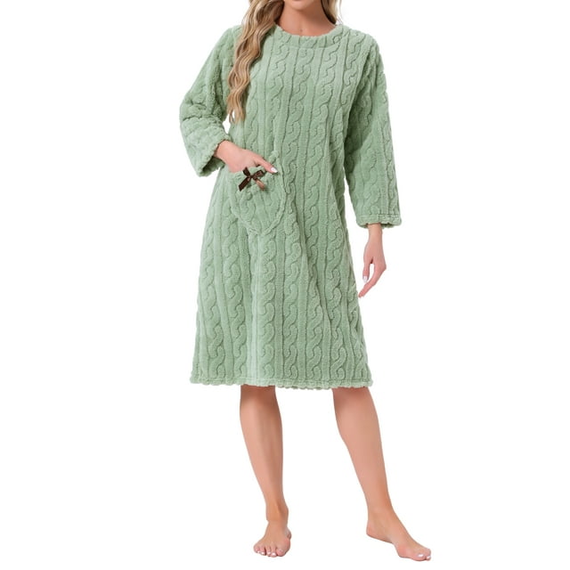 INSPIRE CHIC Vestido de Noche de Franela para Mujeres, Sleepdress de Forro de Felpa, Cuello Redondo, Pullover, Ropa de Casa de Invierno con Bolsillo, Talla M, Verde Claro