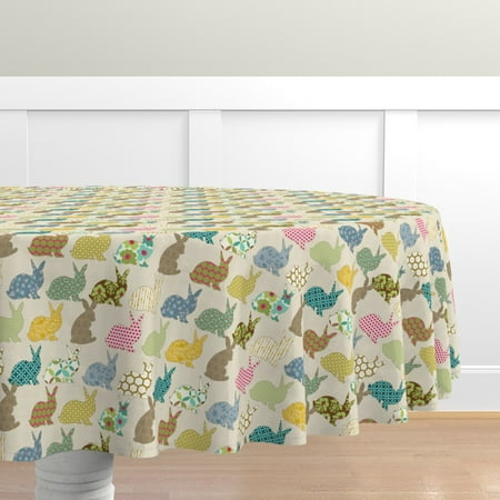 

Cotton Sateen Tablecloth 70 Round - Year Colorful Rabbit Bunny Easter Whimsical Novelty Patchwork Tan Animals Woodland Print Custom Table Linens by Spoonflower