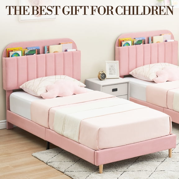 Suede Upholstered Bed Frame with Bookcase Headboard – Twin & Full Size, Heavy Duty Steel Support, Storage Platform, Noise-Free, Easy Assembly – Perfect for Kids, Boys, and Girls – White & Blue