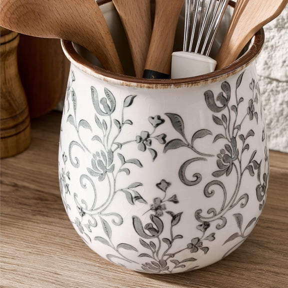 Ceramic Utensil Holder for Kitchen Counter, Modern Farmhouse Cooking Organizer with Gray Flower Patterns