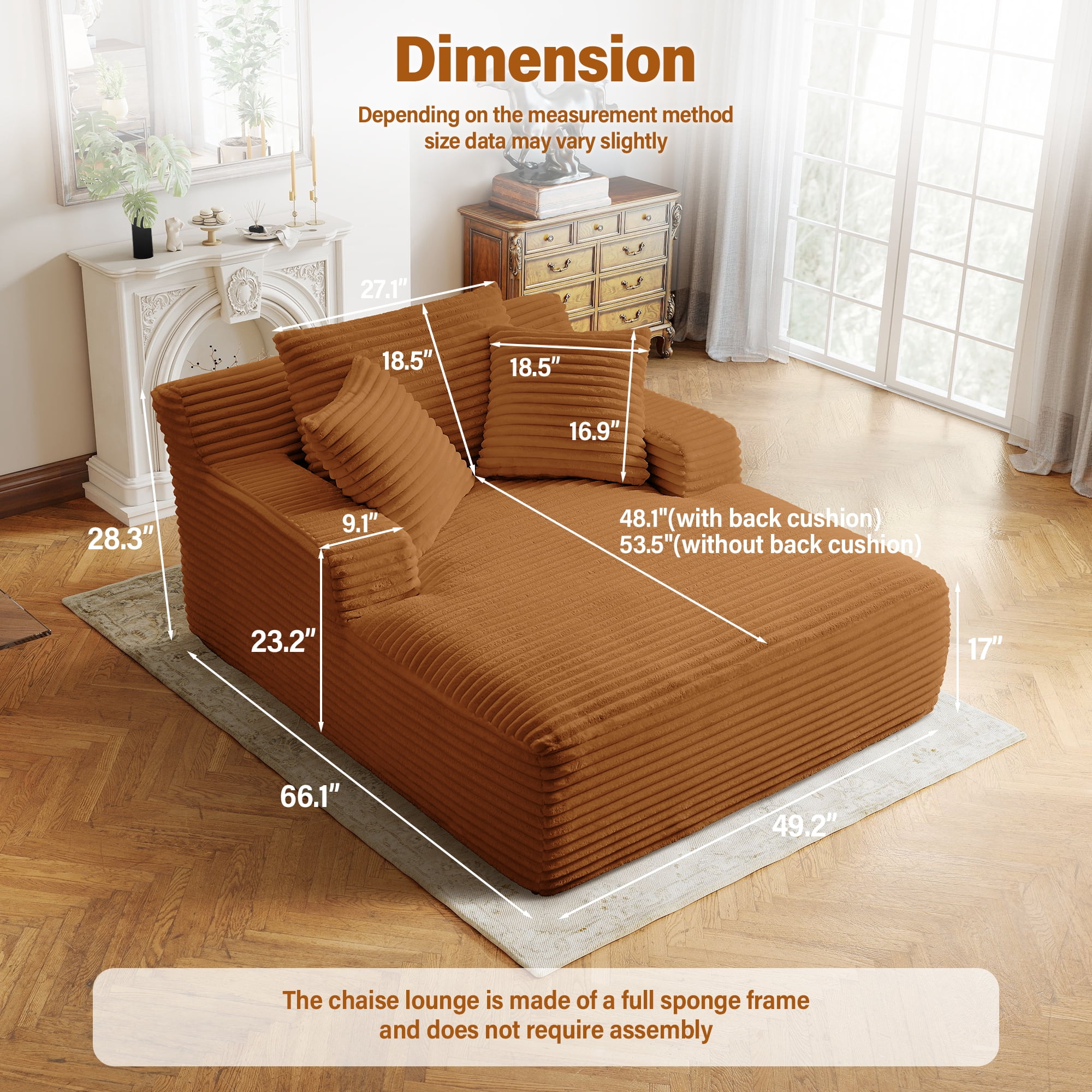 Aukfa Corduroy Chaise Lounge Chair, Oversized Indoor Lounger Floor Sofa Bed for Living Room, Bedroom, Small Space,Orange