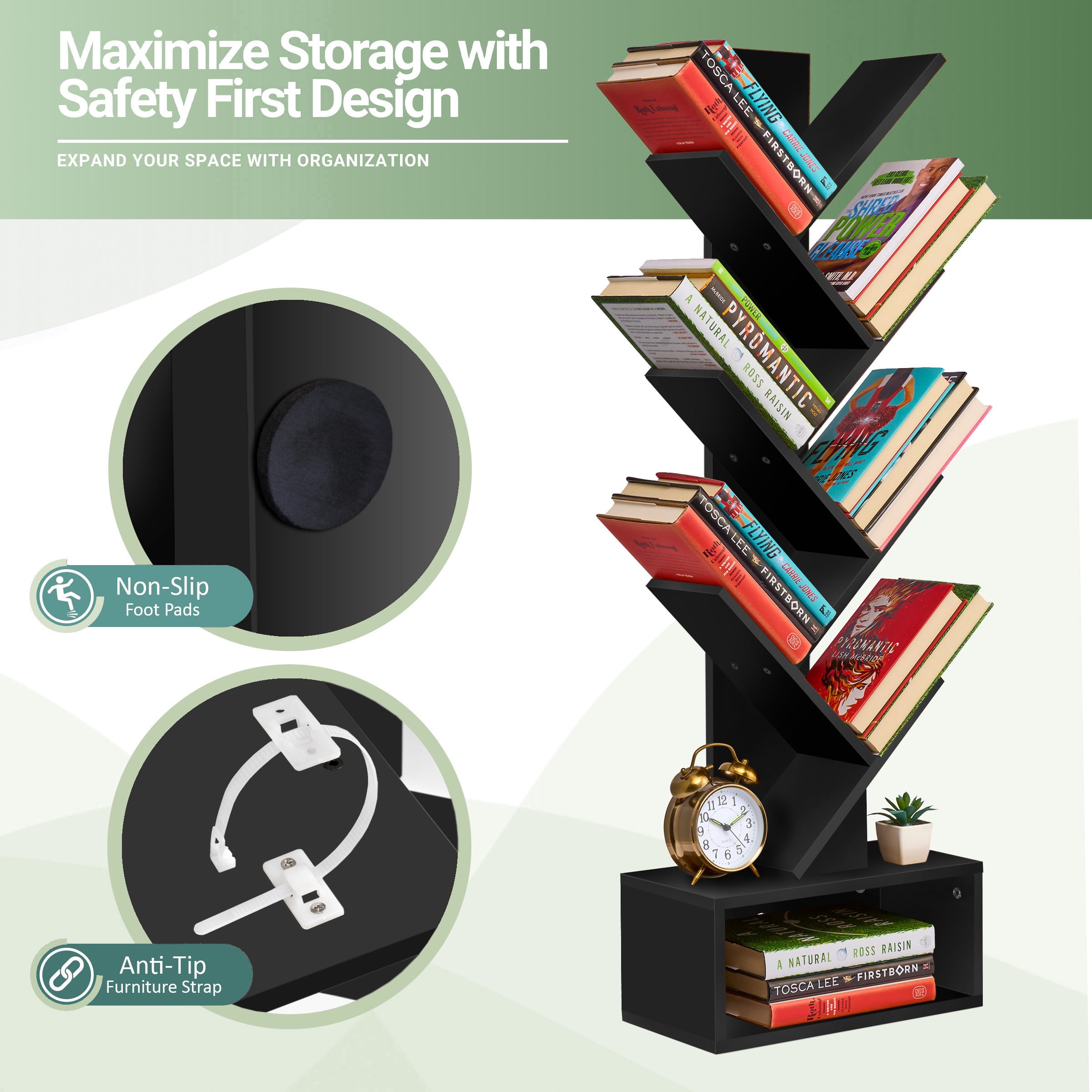 Sorbus 7-Tier Zigzag Bookcase with Drawer, Space-Saving Organizer, Black
