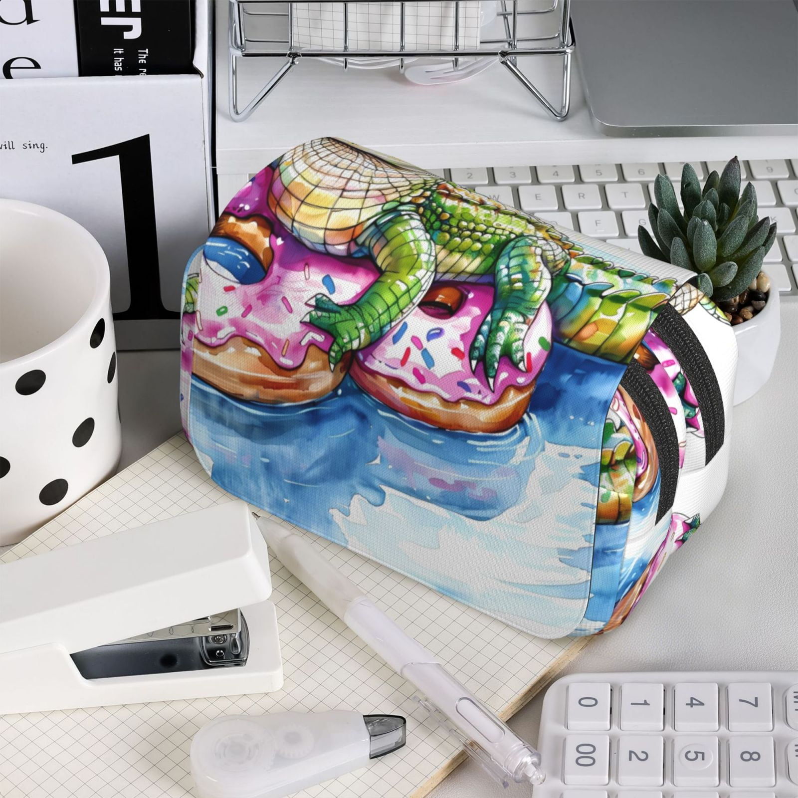 Rateoe Alligator Donut Pool Float Pattern Double Clamshell Pen Case, Storage Organizer with Two Zipper Compartments– Holds Up to 50 Pencils & Pens