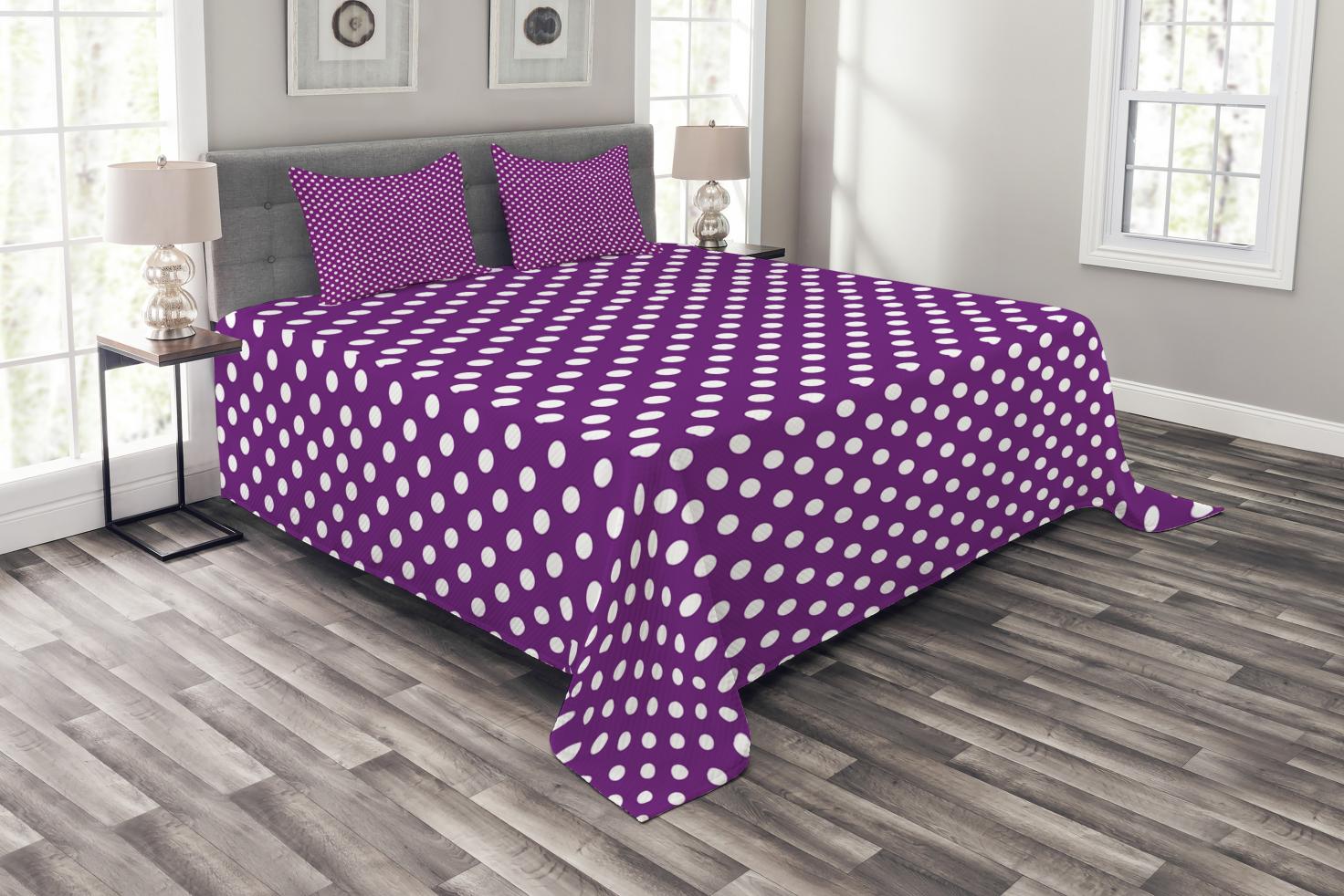 Purple Bedspread Set, White Polka Dots Continuous Pattern on Vivid