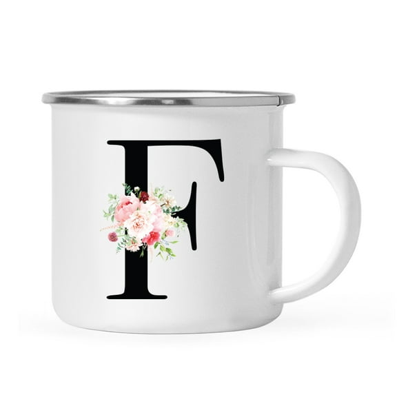 Koyal Wholesale Stainless Steel Campfire Coffee Mug, Blush Floral Monogram, Letter F