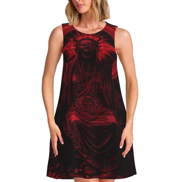 Easygdp Red Gothic Skeleton Throne para Vestido Transpirable de Mujer, Vestido Suelto de Manga Corta con Pliegues y Bolsillos para el Verano