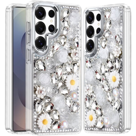 For Samsung s26 Ultra Spectacular Full Bling Stones Glitter HQ Hybrid Floral Series - White