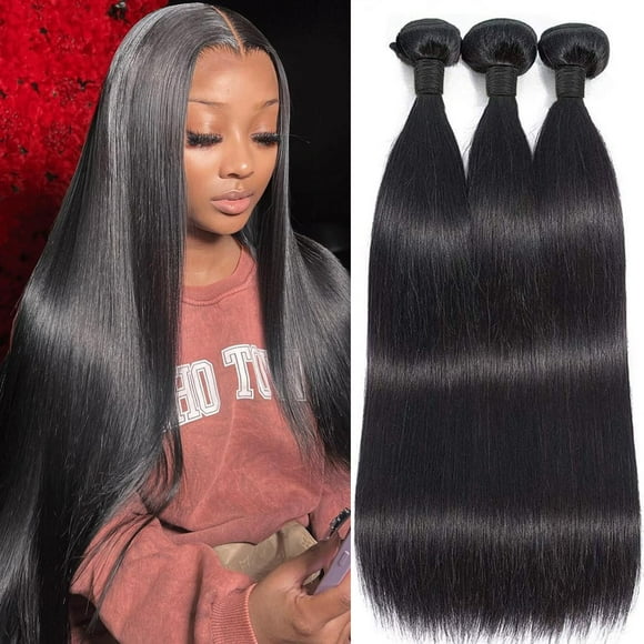 Lots de Cheveux Humains Tissés 3 Paquets Brésiliens Vierges Lot de Cheveux Lisses 12A Grade Extensions de Cheveux Humains Non Traités Noir Naturel 12 14 16 Pouces