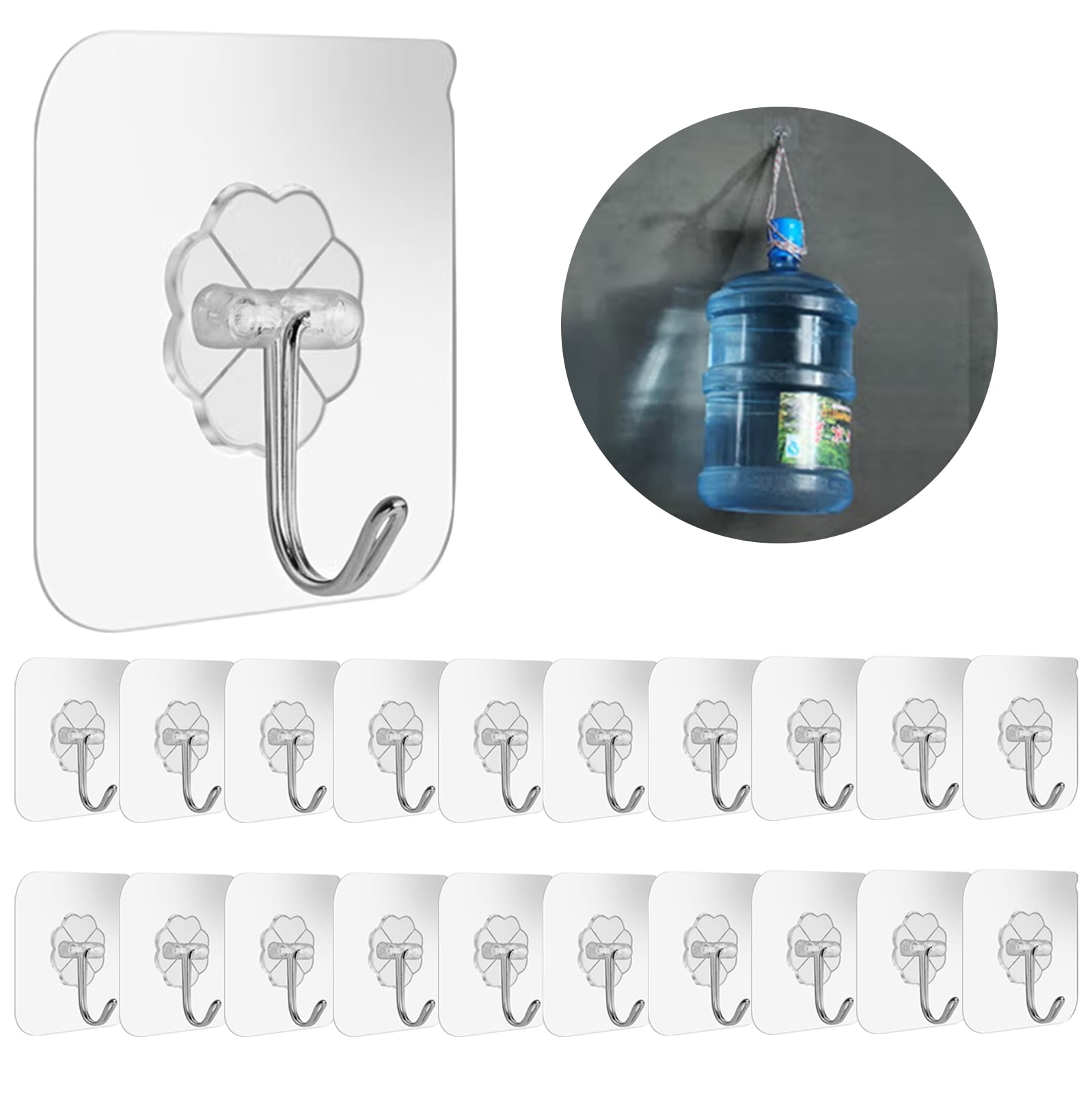 FLONOZZ Self Adhesive Wall Hooks, 20 Pack Transparent Reusable Seamless