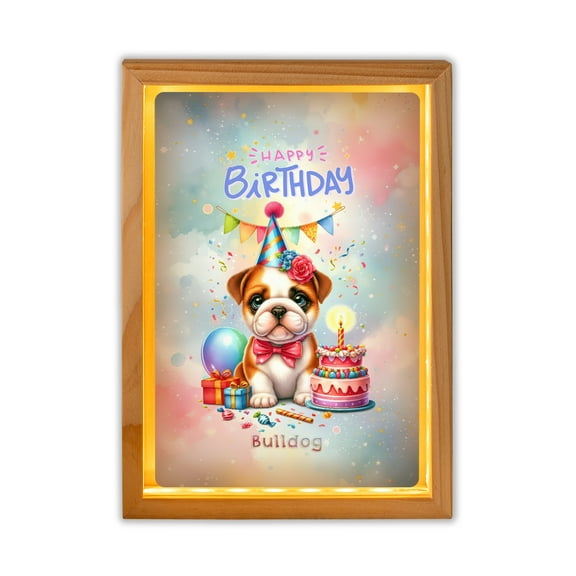 Happy Birthday Cute Puppy Bulldog with Cake Gifts Party Hat Acrylic Plaque with Wood Photo Frame Box Dog Lover Gifts Idea Light Box - 00029