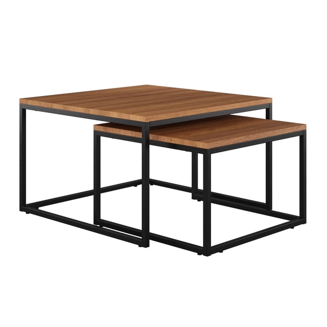 CorLiving Fort Worth Modern Engineered Wood and Iron Square Indoor Nesting Coffee Table Set, Brown Woodgrain