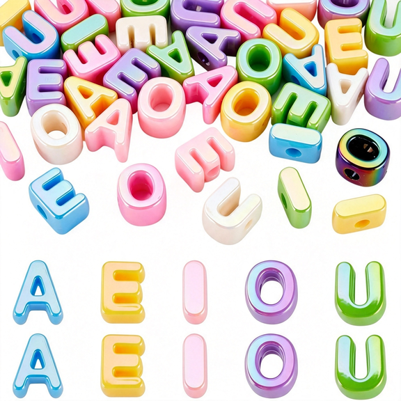 TUWAFE 40Pcs Bubble Vowel Letter Beads Chunky Alphabet Large Beads Uv Plating Rainbow Big Initial Bead for Keychains Paracord Necklace Jewelry Making Bag Charm