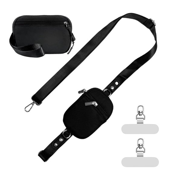 Adjustable Crossbody Phone Lanyard with Zipper Pouch, Detachable Wristlet, Black