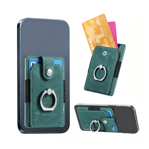 GJX Cell Phone Card Holder,Adhesive Phone Card Wallet,Rfid Ring Stand Stick on Wallet Card Holder for Back of Phone Iphone Android and All Smartphones(Green)