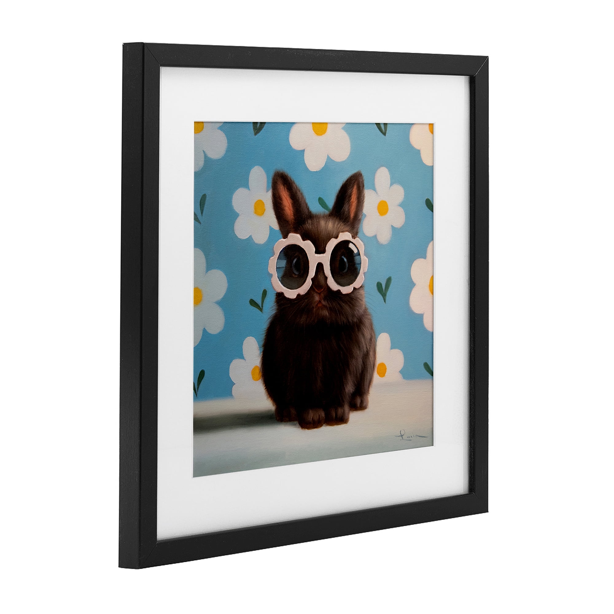 Flower Child Bunny Black Framed Print Under Glass, design by Lucia Heffernan