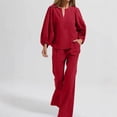 thumbnail image 2 of Enjoytime Travel Outfits for Women Casual Lounge Plus Size 2 Piece Sets V Neck Long Puff Sleeves Tops Straight Leg Pants Matching Set, 2 of 6
