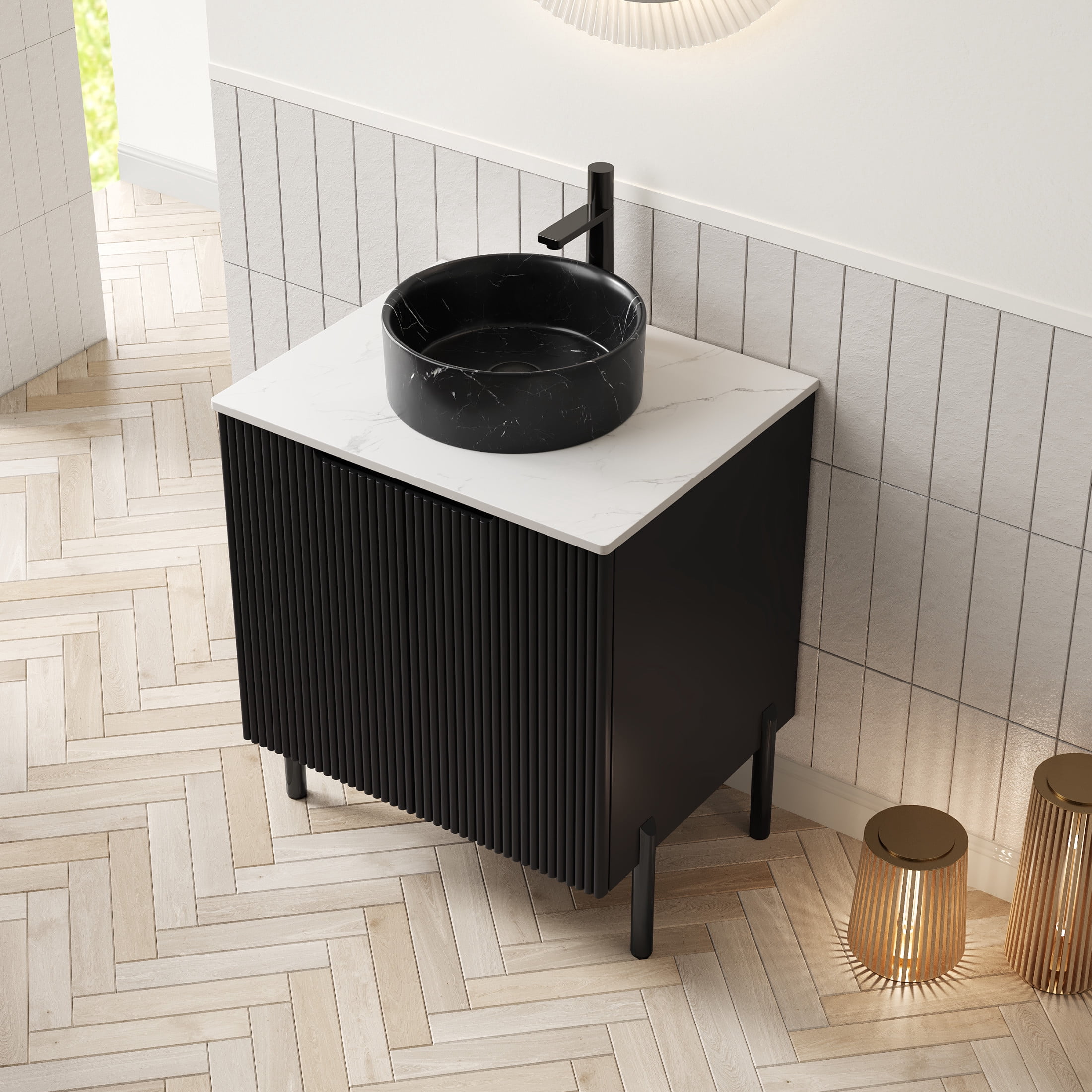 Noble House TURIO 24" Bathroom Vanity with Sintered Stone Countertop, Storage Cabinet, Black Stone Round Basin, Black