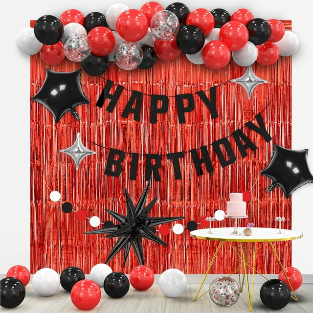 Décorations d'Anniversaire Rouges et Noires, Décorations de Fête Rouges, Toile de Fond Joyeux Anniversaire pour Femmes Hommes Garçons Filles Incluant Bannière, Rideau en Aluminium, Kit Arche de Ballons.