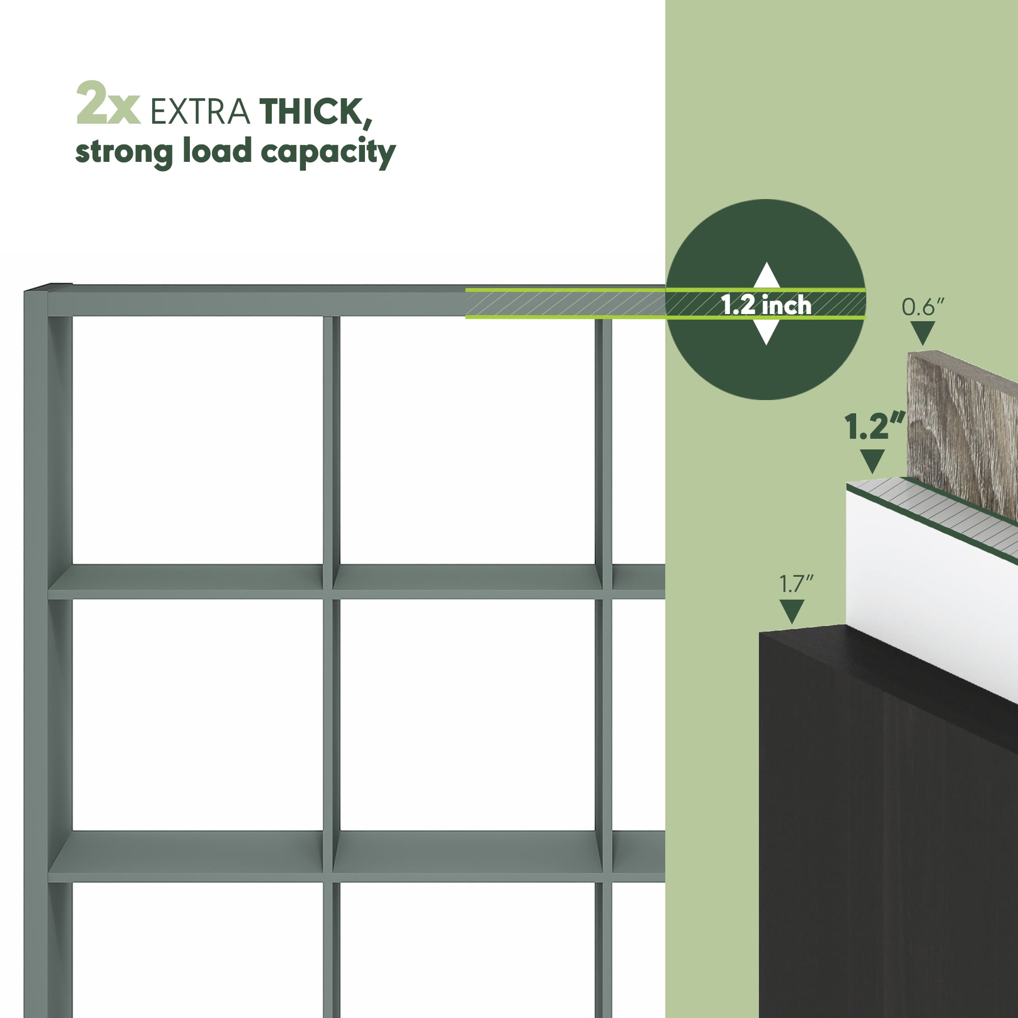 Furinno CUBICLE Book Shelf, 12-Cube Thick Frame Bookshelf, Reversible Bookcase with Open Back, 14.6 x 43.8 x 58, for Living Room, Bedroom, Home Office, Sage Green