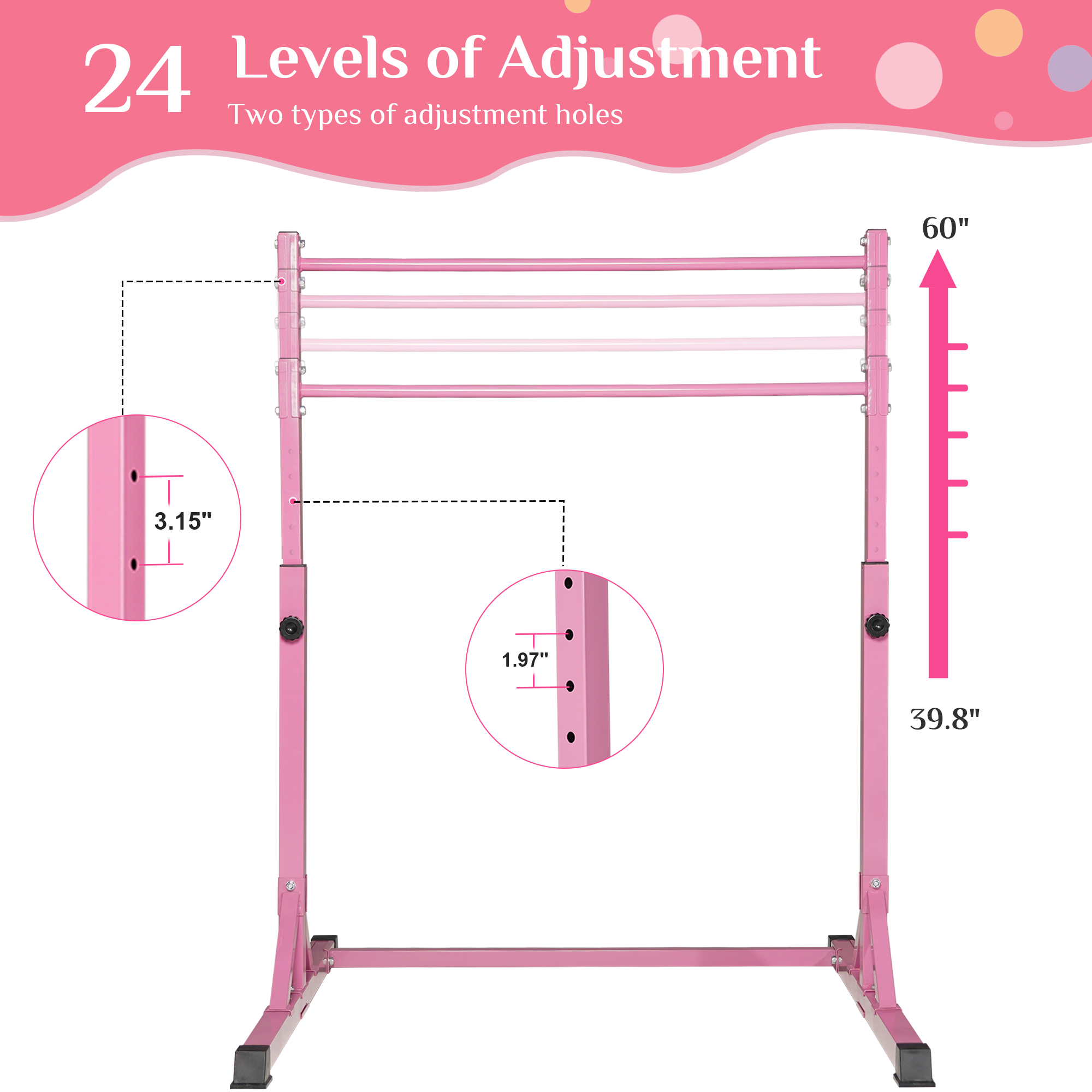Primy 230LBS Gymnastics Bar for Kids, 39~61in Adjustable Height Steel Gymnastic Horizontal Bars, Stable Gymnastics Equipment Junior Training Bar for Home Using for Children