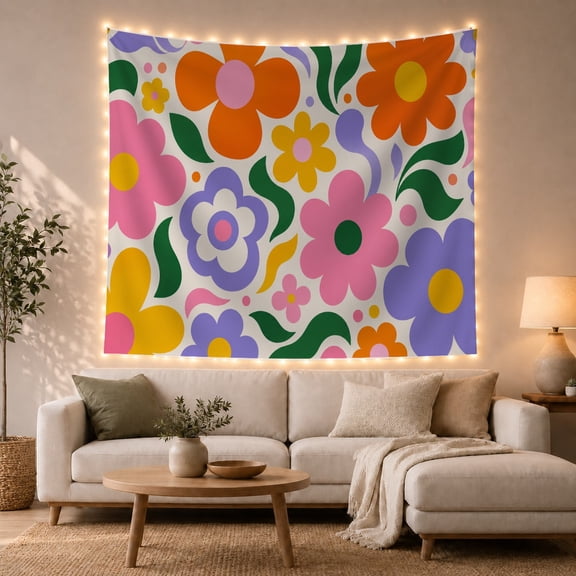 Colorful Retro Daisies on Off-White Background, Energetic Psychedelic for Flower Lovers, Vibrant Vector Art Decor, Housewarming Gift Tapestry Wall Hanging for Living Room and Bedroom