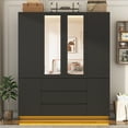 thumbnail image 3 of ChVans 75" Tall 4 Doors Armoire Wardrobe Closet with 3 Drawers and Mirror, Large Wardrobe Closet for Bedroom with LED Lights, Wooden Armoire Storage Cabinet with Hanging Rod, Black, 3 of 8