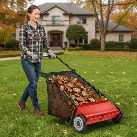 Memoryfield 26" Push Lawn Sweeper with 4 Spinning Brushes, 7 Cu.ft Large Capacity Collector, Adjustable Height Yard Leaf Sweeper for Lawn, Garden & Patio Cleanup, Red