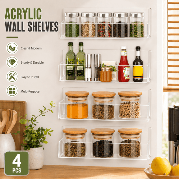 VBNDMAW 4 Pack Acrylic Spice Rack Wall Mount, 9 Inch Clear Seasoning Organizer Shelves with Removable End Caps, Adhesive or Screw Mount for Kitchen