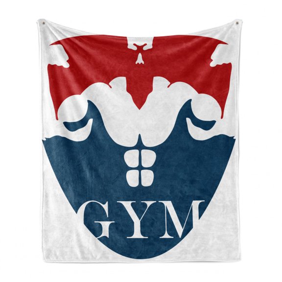 Fitness Soft Flannel Fleece Blanket, Strong Muscular Man with Biceps Powerful Athlete Bodybuilder Trainer Gym Logo, Cozy Plush for Indoor and Outdoor Use, 50" x 70", Red Blue White, by Ambesonne
