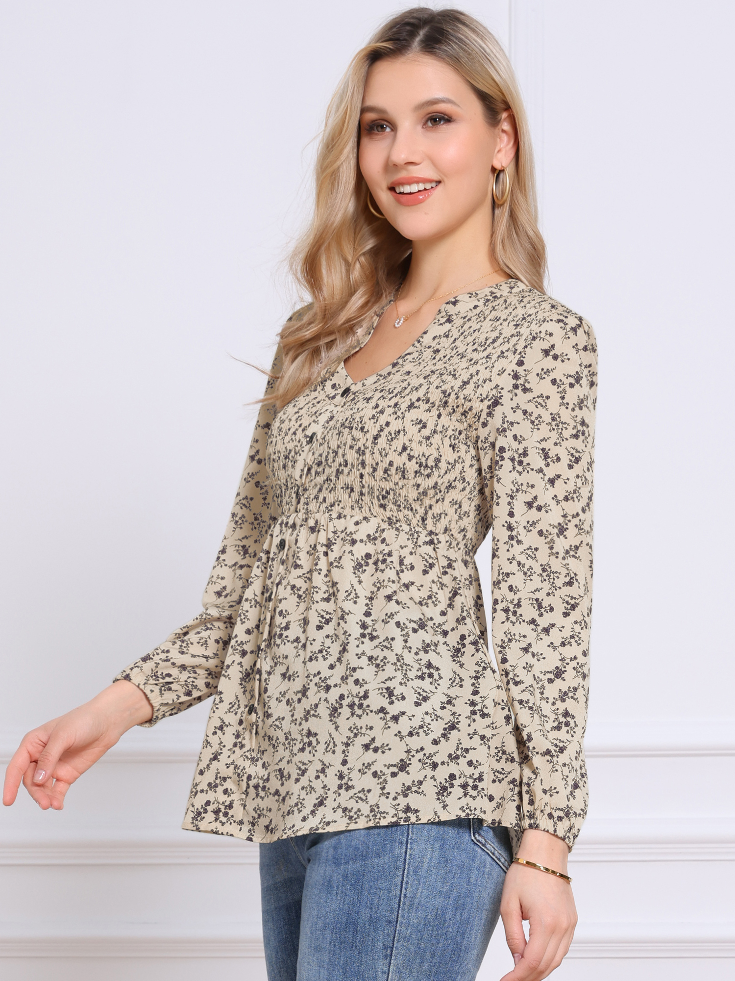 DARING DIVA Women'S V Neck Long Sleeves Casual Smocked Top XL Apricot