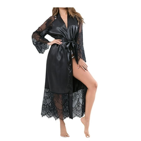 

TureClos Female Bathrobe Sexy Sleepwear Lingerie Long Satin Robes Nightgown Lace Gown Ladies Nightdress Loose Sleeve Clothes Black M