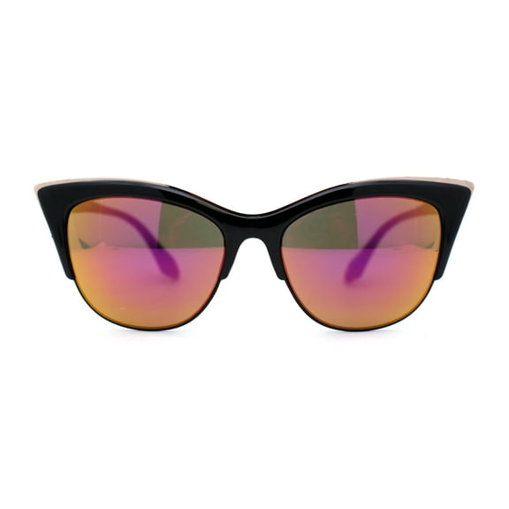 Color Mirror Gothic Cat Eye Half Rim Look Womens Sunglasses Black Fuchsia Mirror