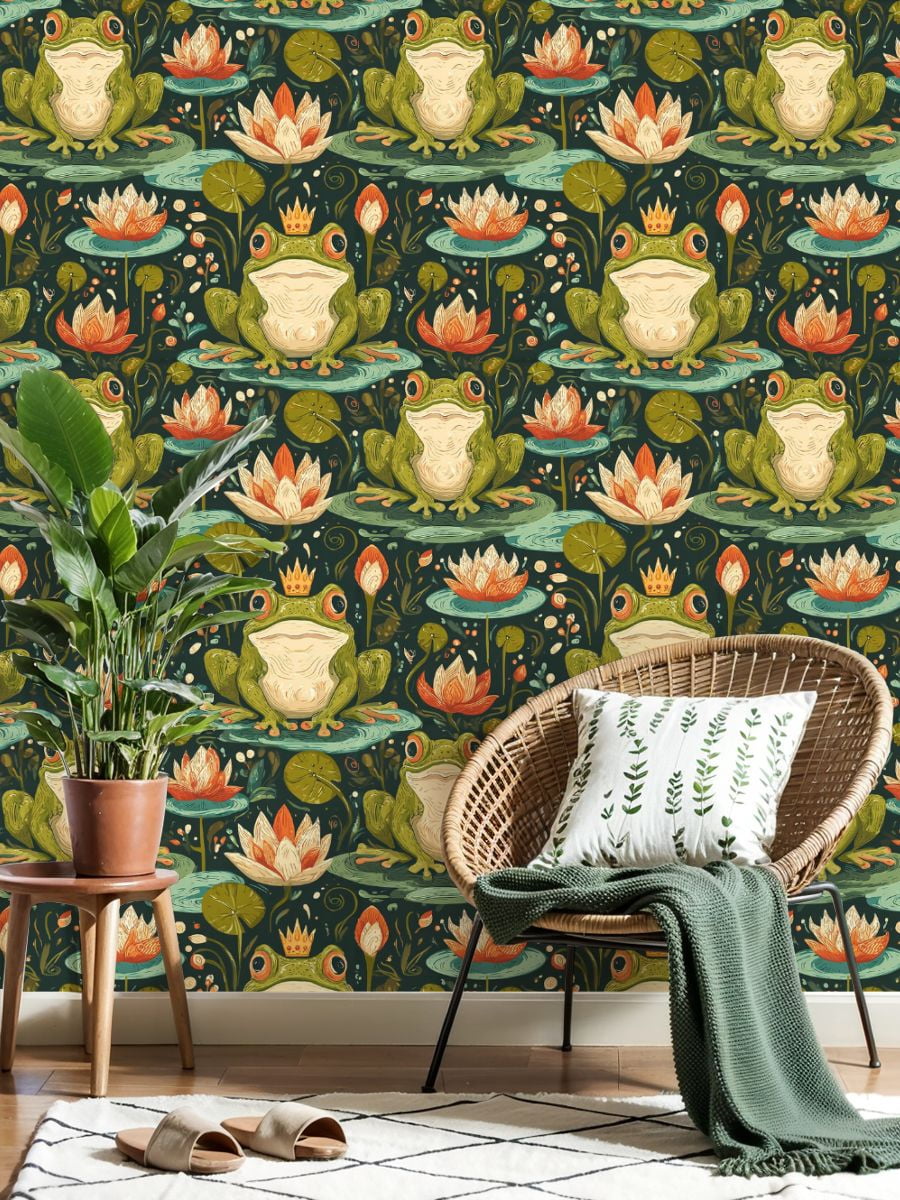 Peel and Stick Wallpaper 23.6in x 9.8ft Whimsical Frogs Water Lilies Crown Botanical Contact Paper Vinyl Self-Adhesive Removable Wall Paper for Bedroom Kitchen Cabinet Décor Renter Friendly