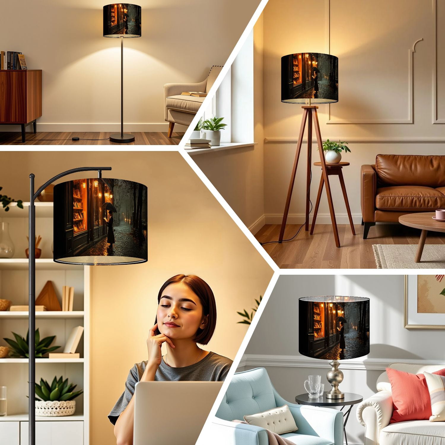 Gothic Linen Drum Lampshades Rainy Evening Street Reading Under Umbrella Warm Lit Bookstore 13"x13"x10" Light Shade for Table Lamps Floor Lamp Shades Lampshade Replacement Assembly Required