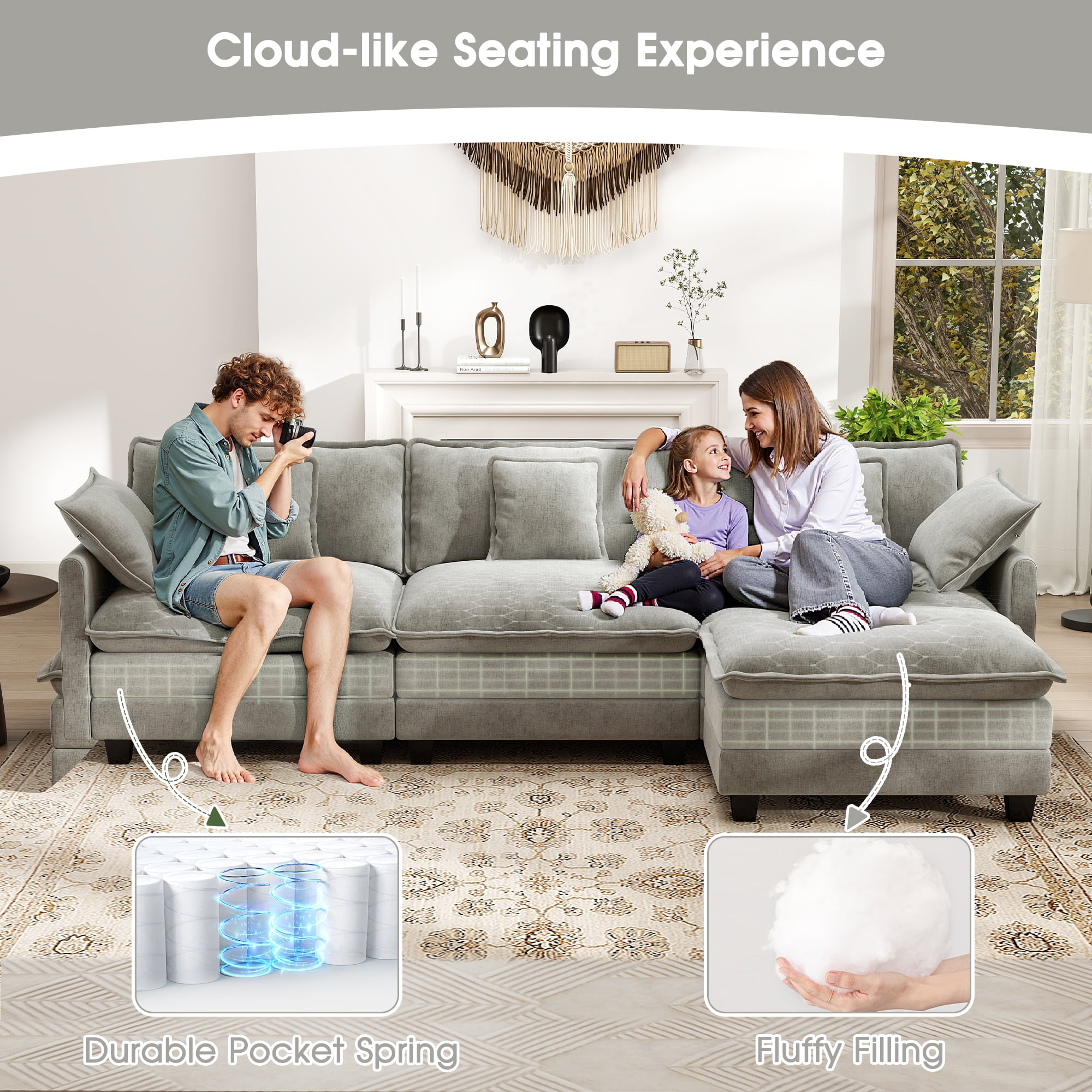 BedLuxury 111.5'' Modular Sectional Sofa with Movable Ottoman, L Shaped Cloud Couch for Living Room, 3-Seat, Grey