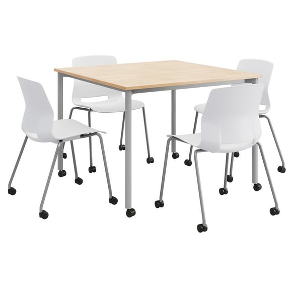 KFI Dailey 42in Square Dining Set - Natural Table - White Chairs w/Casters