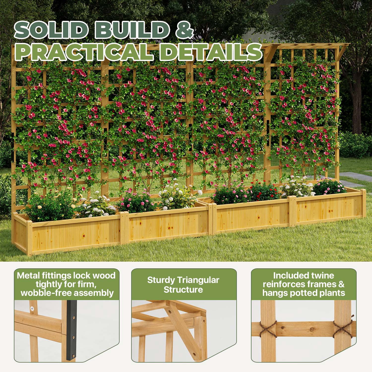 BaPiPro Yellow-Brown Tall Wood Planter Box with Trellis - 72" Raised Garden Bed with Hanging Roof, Outdoor Elevated Planter for Climbing Plants, Flowers - 2-Pack for Patio, Balcony