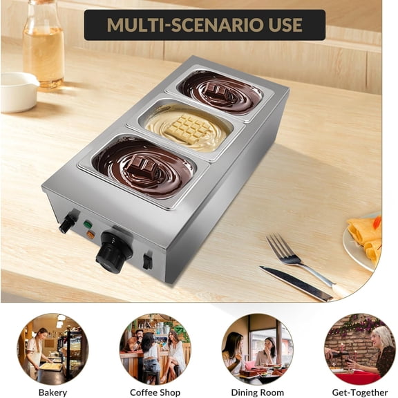 Historyli 1200W 3 Tanks Commercial Food Warmer,Chocolate Tempering Machine with Lid,Stainless Steel Electric Chocolate Melting Pot for Cheese,3 Tanks
