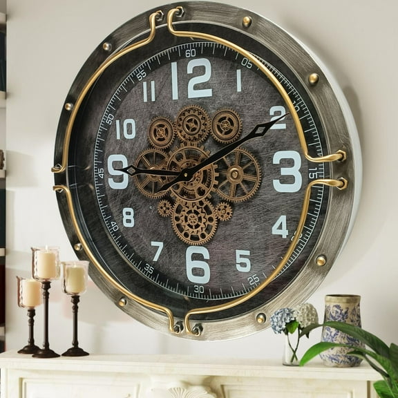 THE GEARS CLOCK Wall Clock with Real Moving Gears LU-LI_ 24 in Round SILVER-GREY