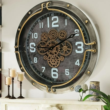 THE GEARS CLOCK Wall Clock with Real Moving Gears LU-LI_ 24 in Round SILVER-GREY