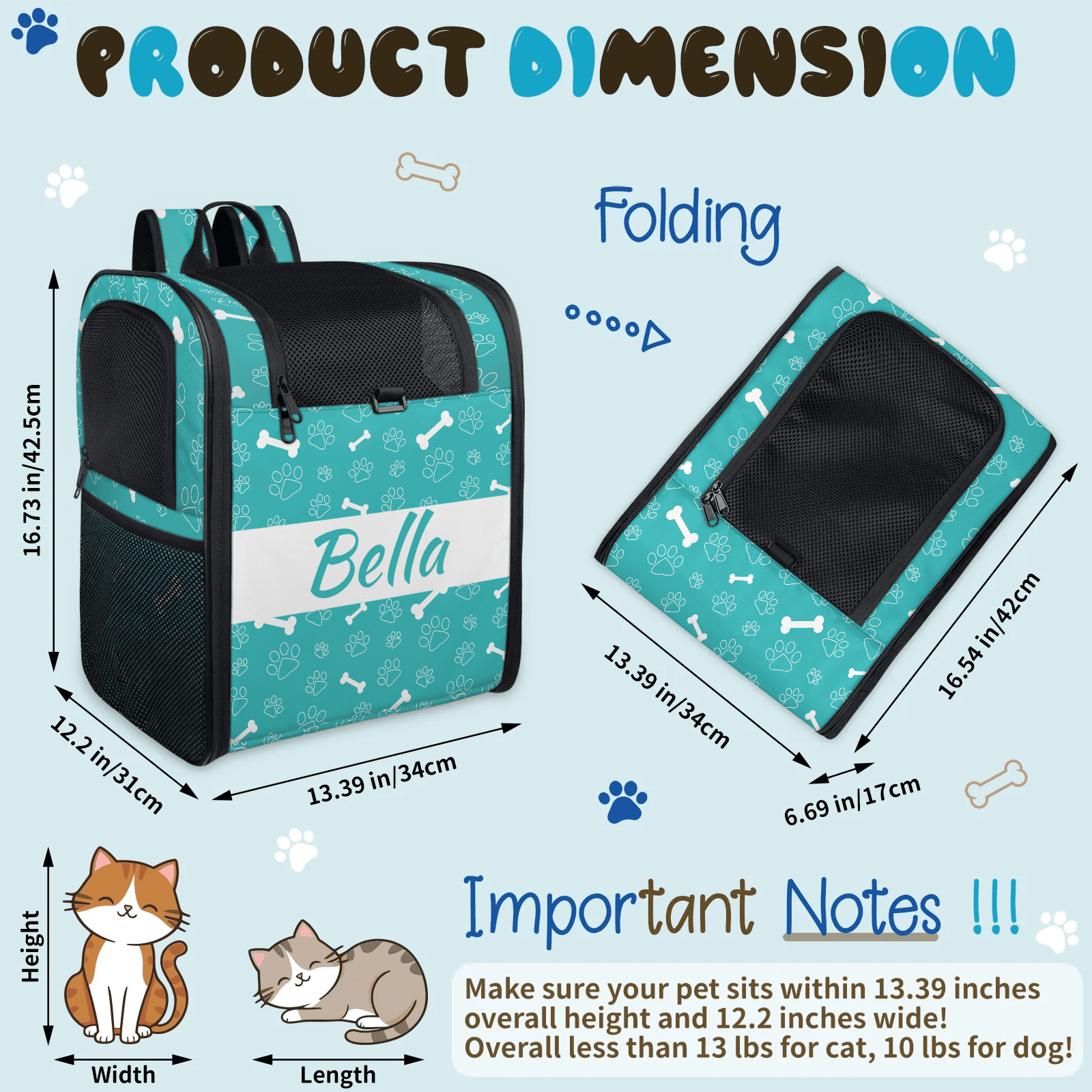 Customized Pet Carrier Backpack with Name,Dog Carrier Backpack for Small Dogs Cats Puppies,with Breathable Mesh, Pockets,Removable Mat,Hold Pets Up to 13 Lbs for Hiking, Travel, Outdoor