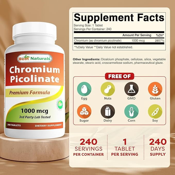 (3 pack) Best Naturals Chromium Picolinate 1000 mcg 240 Tablets
