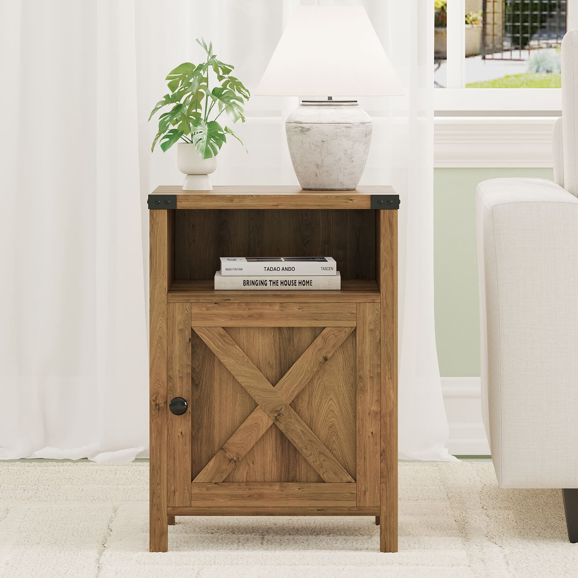 4 EVER WINNER Farmhouse Single Barn Door Side Table, Rustic Oak Storage End Table, Industrial Accent Table for Living Room Areas