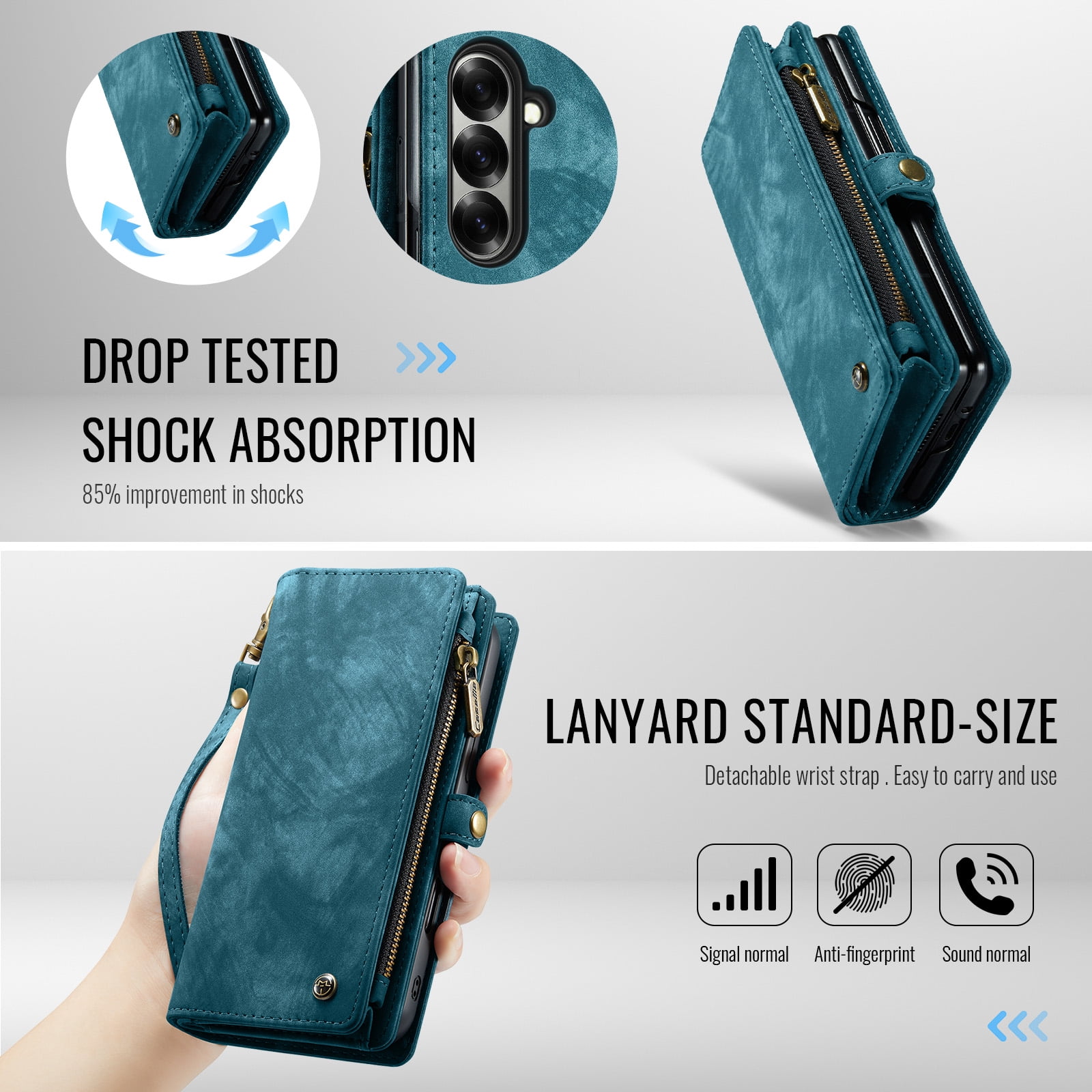 Feishell Durable 2- In-1 Magnetic Detachable Wallet Case for Samsung Galaxy Z Fold 7,for Women Men,Premium PU Leather Zipper Pocket Flip Multi Card Slots Purse Phone Case with Wrist Strap,Green