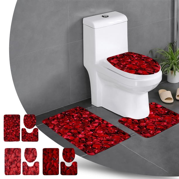 Set de alfombrillas de baño rojas para San Valentín - Alfombra antideslizante de 3 piezas, poliéster suave absorbente de agua, lavable a máquina, 45x75cm & 45x38cm & 35x45cm